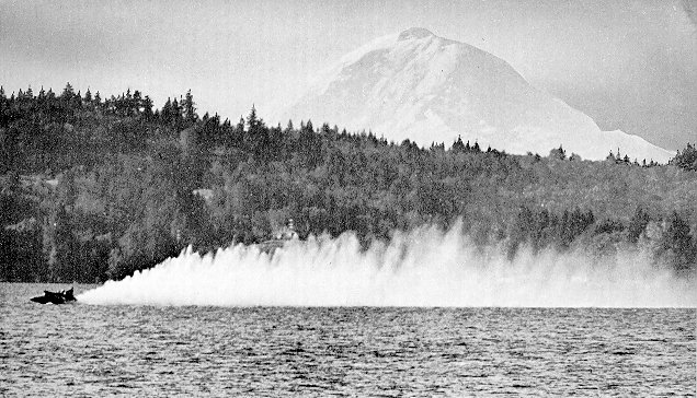 Stan Sayres and Elmer Leninschmidt, piloting Slo-mo-shun IV, July 7, 1952, to a new Worlds Water Speed Record, at Seattle Washington.